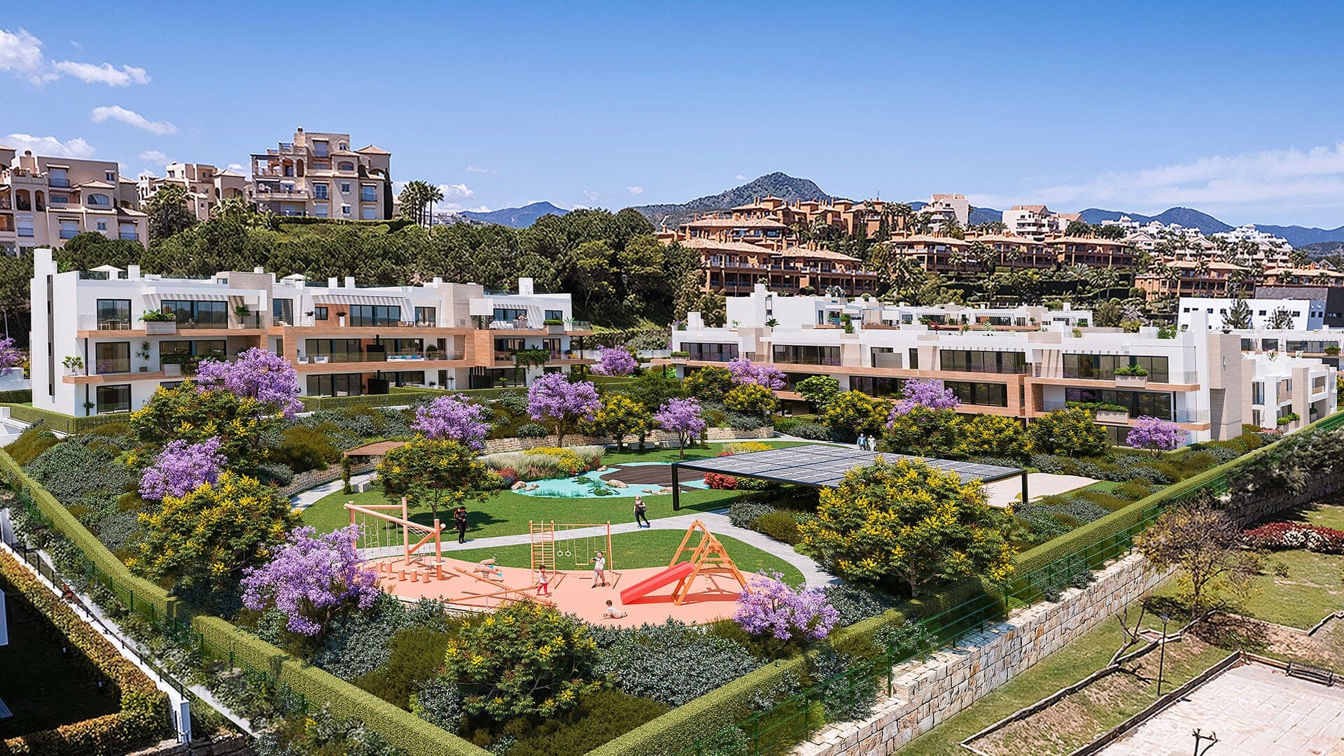 Modern apartmanok teraszokkal és üdülőhelyi stílusú szolgáltatásokkal Marbella közelében.