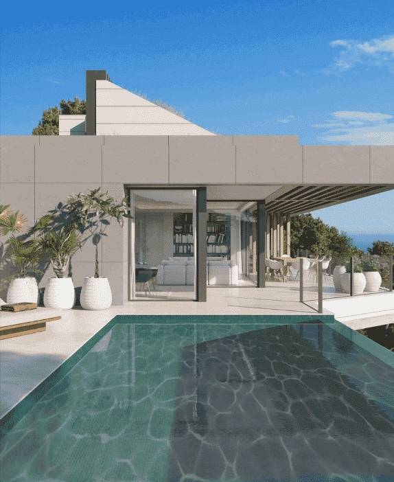 Modern luxusvilla Pinares Hills Málagában, végtelenített medencével és panorámás kilátással a tengerre.