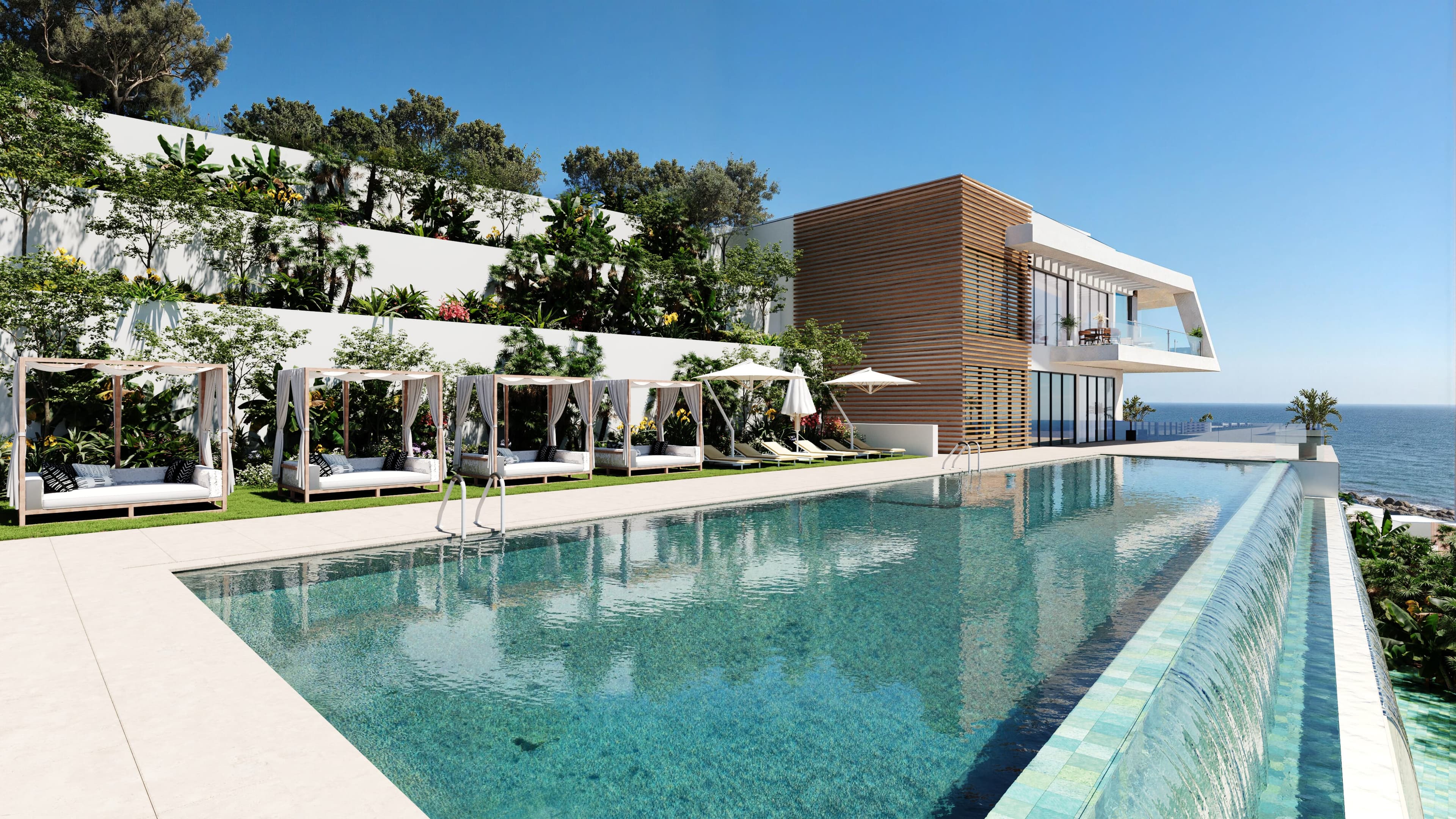 Kortárs sorházak Elviria-ban, tengerre néző kilátással és wellness üdülőhelyi szolgáltatásokkal.